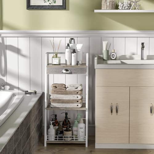 3-Tier Small Bathroom Shelves with Drawer, Floor Storage Shelf, Small Bathroom Stand Rack, Freestanding Ladder Shelf for Living Room Bedroom, White - view 5