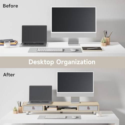 Dual Monitor Stand, 2-Tier Desk Organizer with Drawers, 42.5in, Oak - view 6