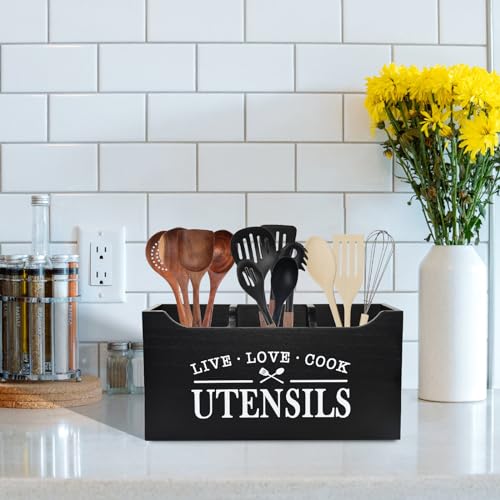 Kitchen Utensil Holder with Drainage Bottom, Large 3 Compartments Solid Real Wood Utensil Organizer for Kitchen Counter, Farmhouse Cooking Tools Storage for Countertop, Black - view 2