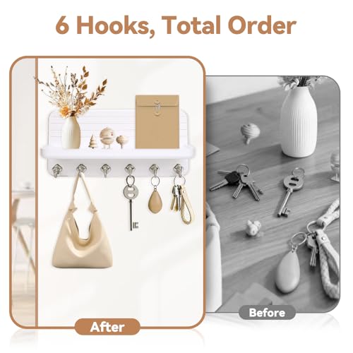 Key Holder for Wall, Mail Organizer Wall Mount with 6 Hooks Wooden Hanging Key Rack for Home Decor, Hallway, Entryway (White) - view 3