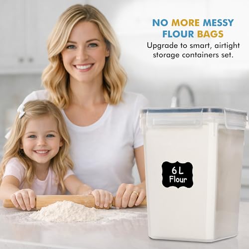 Flour Sugar Storage Containers Set of 3 (6L, 2.9L, 1.1L) Large Airtight Food Storage Containers with Lids, BPA-Free Plastic Container for Kitchen & Pantry Organizers, Cereal, Rice & Pasta - view 5