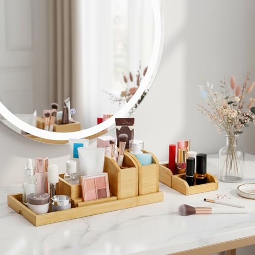 Bamboo Vanity Tray, 7 Pieces Adjustable Pen Holder Stationery Caddy - view 5