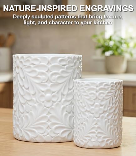 2-Piece Engraved Ceramic Utensil Holder Set for Kitchen, 7.3 & 5.4 Inch - view 3