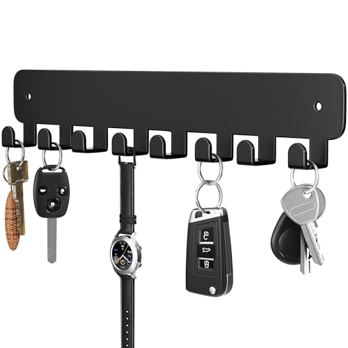 Key Holder Wall Mount, Adhesive Key Rack with 8 Hooks Hanger for Car Key Ring, Metal Key Chain Organizer, Black 1 Pack