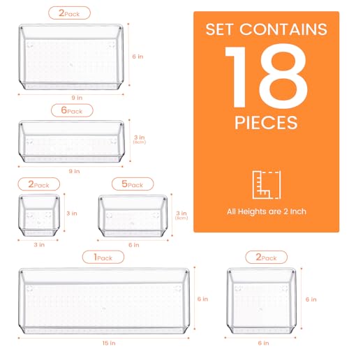 Drawer Organizer, 18 Pack Large Clear Plastic Kitchen Drawer Organizers Set, 6 Size Versatile Bathroom and Vanity Drawer Organizer Trays, Storage Bins for Makeup, Bedroom, Kitchen Utensils - view 2