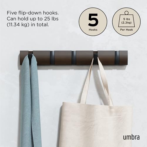 Flip Coat Rack, Wall Mounted 5-Hook Space Saving, Walnut/Black - view 5