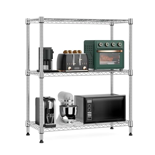 750 lbs 3 Tier Storage Rack Metal Wire Shelving Unit, Storage Standing Shelf Organizer for Laundry Bathroom Kitchen Pantry Closet Garage Basement Utility Room, Chrome 13.8" D x 29.5" W x 35.5" H
