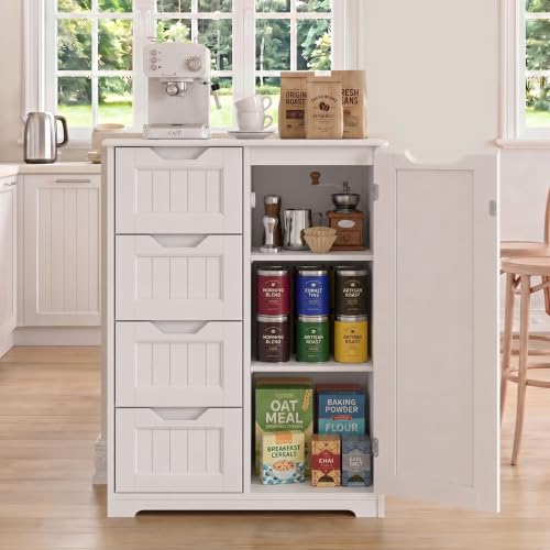 Small Coffee Bar Cabinet with 4 Drawers and Door, White