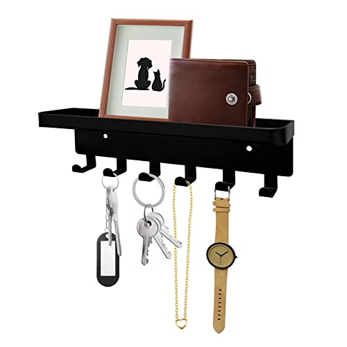 Key Holder for Wall Key Hooks with Tray and 6 Hooks, Wall Mounted Key Holder for Hallway, Key Rack with Shelf for Mail Storage (Black) - view 2