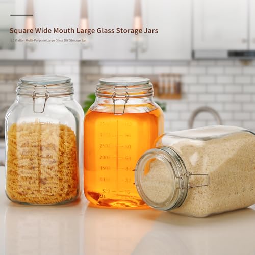 1.1 Gallon Large Glass Food Storage Jars with Airtight Lids,Set of 2 Square Wide Mouth Airtight Glass Storage Container,135oz Kitchen Mason Jar with Measurement Mark,for Flour Sugar Canning. - view 2