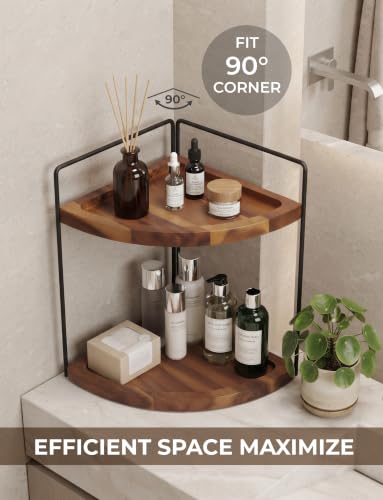 2-Tier Corner Bathroom Organizer, Acacia Wood Countertop Shelf - view 3