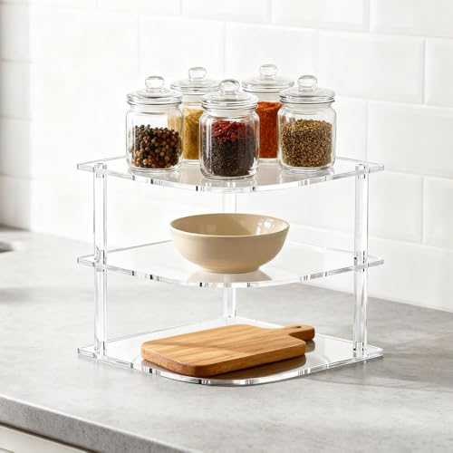 Plate Organizer for Cabinet Space Saver, Clear Acrylic 3-Tier Corner Shelf for Kitchen Storage, Holds Dishes and Bowls, Compact Bathroom Shelf for Organized Spaces - view 5