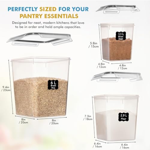 Flour Sugar Storage Containers Set of 3 (6L, 2.9L, 1.1L) Large Airtight Food Storage Containers with Lids, BPA-Free Plastic Container for Kitchen & Pantry Organizers, Cereal, Rice & Pasta - view 2