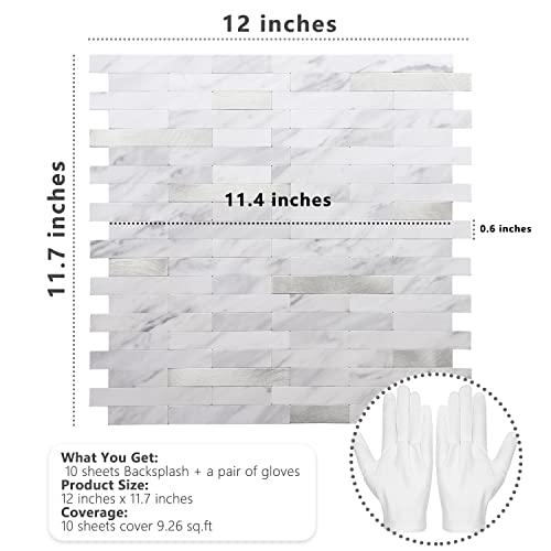 Peel and Stick Backsplash, PVC Wall Tiles Stick on Backsplash for Kitchen(10 Sheets, White Marble with Metal Silver) - view 3