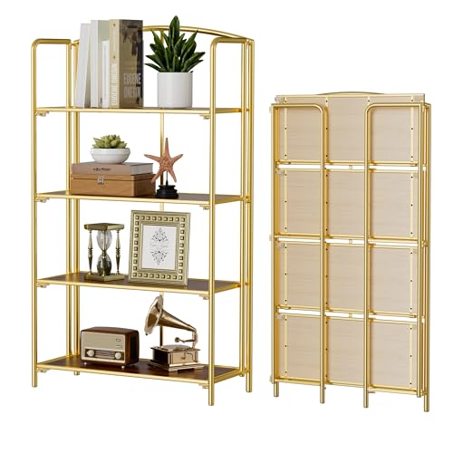 4-Tier Wider Foldable Bookshelf, Gold Frame & Walnut Shelves