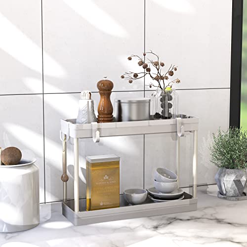2-Tier Under Sink Organizer Storage Tray with Hooks, White - view 4