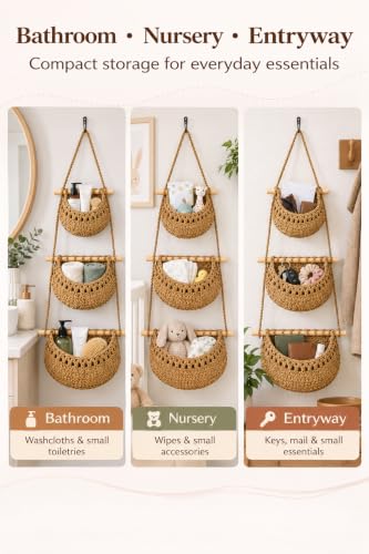 Compact 3-Tier Hanging Wall Basket Organizer with No-Drill Adhesive Hooks – Soft Cotton Rope Storage for Bathroom, Nursery & Small Spaces – Detachable, Renter Friendly - view 5