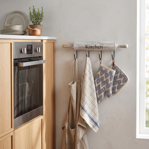 White Washed Wood Kitchen Utensil Rack with 4 Hooks, Wall Mounted - view 3