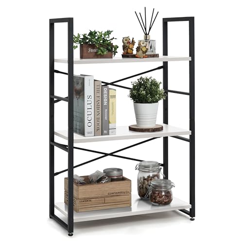 3 Tier Small Bookshelf, 24 Inch Width Free Standing Shelf, Bookcase Shelf Storage Organizer, Industrial Book Shelves for Home Office, Living Room, White Shelves & Metal Frame
