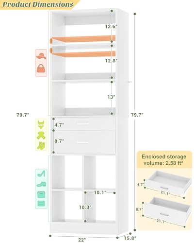 22" Closet System with Drawers, Small Closet Organizer for Walk in Closet, Wardrobe Storage Unit with Storage and Shelves, White - view 3