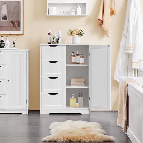 Bathroom Storage Cabinet with 4 Beadboard Drawers and Door, White - view 2