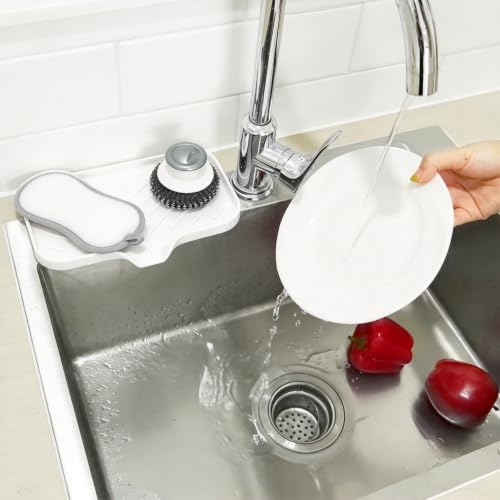 Kitchen Soap Tray, Silicone Bathroom Soap Dishes, Sponge Holder for Kitchen Sink for Bathroom Counter Sink Caddy Organizer for Dish Soap Bottle, Soap Dispenser, White - view 6
