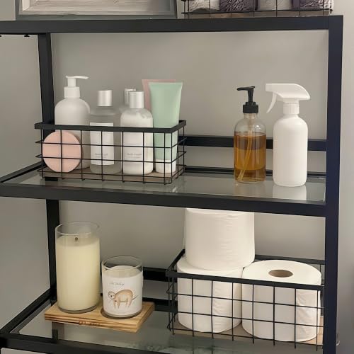 Black Metal Wire Storage Baskets with Wood Bottoms, Bathroom Storage Organizer Basket Bins, Set of 2 - Includes 2 Bonus Adhesive Hooks for Easy Wall Mounting - view 4