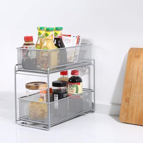 2 Tier Sliding Basket Stackable Cabinet Pull-Out Drawer Mesh Organizer for Kitchen Under Sink Storage (Silver) - view 3
