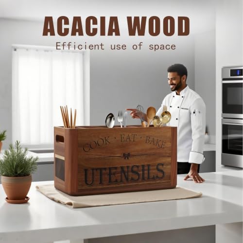 Utensil Holder for Kitchen Countertop - Extra Large 4 Compartment Wooden Organizer in Acacia Wood, Storage for Cooking Tools and Cutlery, Farmhouse Style for Home Cooking - view 6