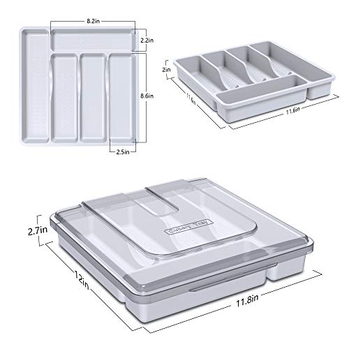 Utensil Holder for Countertop with Lid, Plastic Silverware Tray for Drawer, 5 Compartments Flatware Organizer, White - view 4