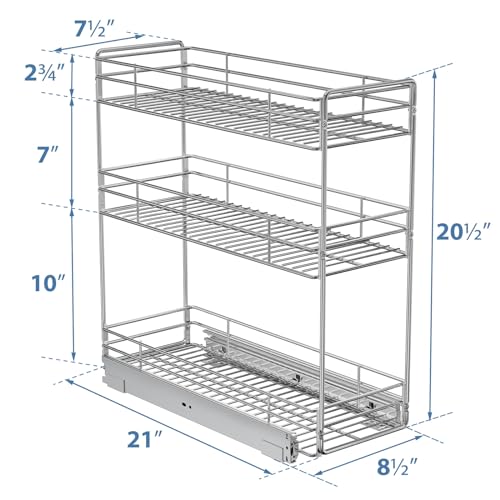 3-Tier Pull Out Cabinet Organizer for Narrow Cabinet (8.5" W X 20.5" D), Kitchen Cabinet Organizer and Storage Cabinet Pull Out Shelves Under Cabinet Storage for Kitchen, Chrome - view 3