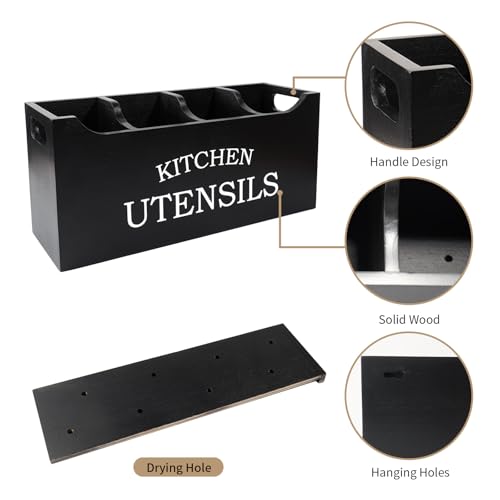 Utensil Holder for Kitchen Counter, Wood Extra Large 4 Compartments Kitchen Utensil Holder with Drainage Bottom for Countertop, Farmhouse Cooking Tools Organizer for Spatula, Black - view 6