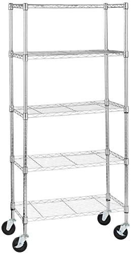 5-Shelf Adjustable, Heavy Duty Storage Shelving Unit on 4" Wheel Casters, Easy to Move Portable Wire Shelving, No Tools Needed for Easy Assembly, 30" x 14" x 64.8", Chrome