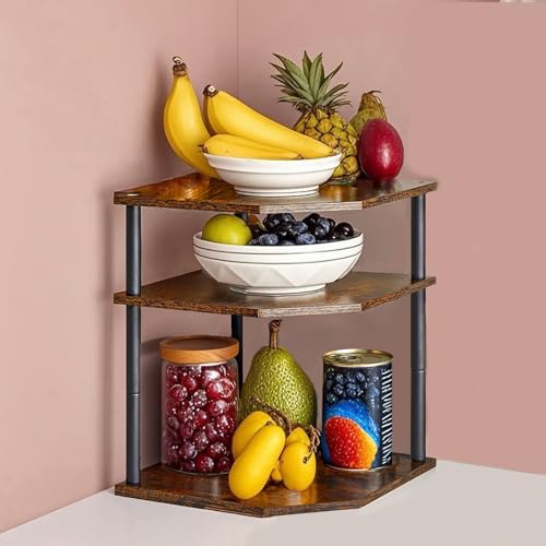 Wooden 3 Tier Corner Shelf, Countertop Storage Organizer for Kitchen Cabinets and Desk, Plates, Dishes, Bread and Small Space Decor, Adjustable - view 6