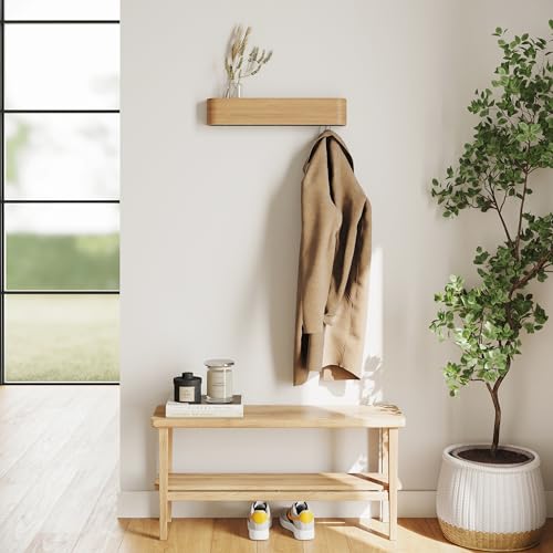Kazai. Wall-Mounted Coat Rack 'Toke' - Modern Design Coat Rack with Hidden Wall Hooks - Solid Wood Veneer Panel Coat Hanger - Oak - view 6