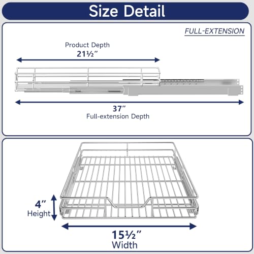 Pull Out Cabinet Organizer, 15.5" W x 21.5" D, Heavy Duty Chrome Slide Out Shelf for Base Cabinets, Sliding Wire Basket Drawer for Pantry Items, Bowls, Containers & Cleaning Supplies - view 2