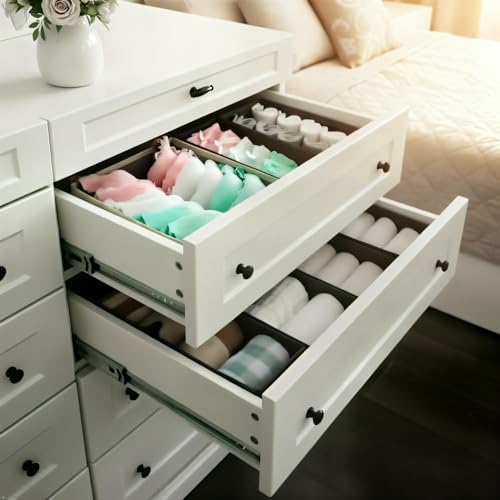 Sock Drawer Organizer 3 Pack - Collapsible Fabric Storage Bins for Underwear Divider, Small Closet Organizers with 3 Compartments, Khaki - view 2