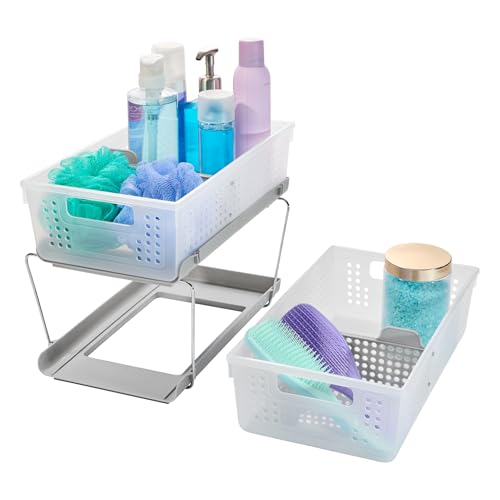 2 Tier Bath Organizer,Undersink Storage with Sliding Drawers,for Cleaning Supplies, Pantry, Sponges,Bottles&Kitchen Essentials,Adjustable Dividers&Pull Out Sliding Baskets,Frost, (Pack of 2) - view 5