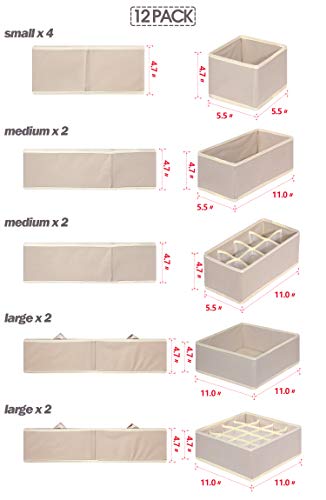 12 Pack Foldable Drawer Organizer Dividers Cloth Storage Box Closet Dresser Organizer Cube Fabric Containers Basket Bins for Underwear Bras Socks Panties Lingeries Nursery Baby Clothes Beige - view 2