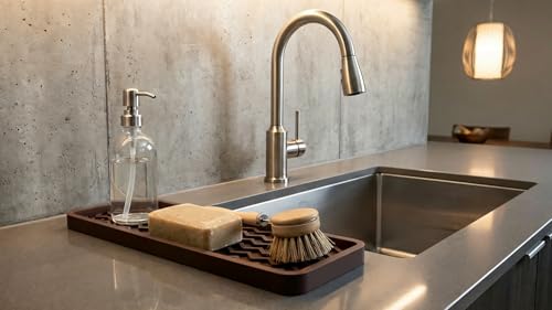 Silicone Sink Organizer Tray, Rectangular, Modern Style, Heat Safe, Dishwasher Safe, for Bathroom and Kitchen Organization (Mocha, 12"x4", Chevron Pattern) - view 3