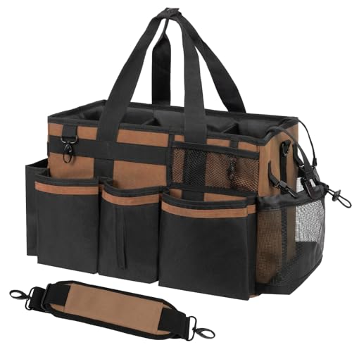 Wearable Cleaning Caddy, Cleaning Caddy Supplies Organizer with Handle & Shoulder Straps for Housekeepers, Under Sink & Car Cleaning Tool Organizers Bag with 4 Foldable Divider (Brown)