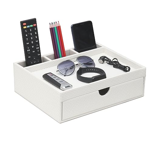 Leather Desk Organizer With Drawers, Home Cosmetics & Phone Remote Organizer, Drawer Plus Divider & Tray (white)