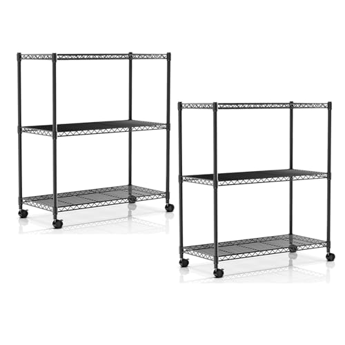 Heavy Duty 3-Tier Storage Shelves 750Lb Capacity, 24.02" D x 13.78" W x 29.92" H Shelving Unit for Pantry, Garage, Laundry and Kitchen, Black, 2 Pack