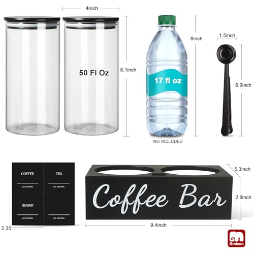 Coffee Container, 2 Pcs 50 Fl oz Airtight Bean Storage Canister, Black Glass Ground Coffee and Sugar Jar Set with Scoop/Shelf/Labels, Sugar/Tea Holder Containers for Cafe Bar Countertop - view 2