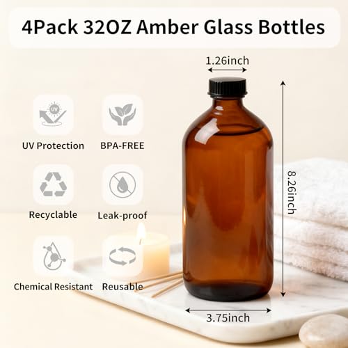 4 Pack 32 oz Amber Glass Boston Round Bottles with Polycone Caps - view 2
