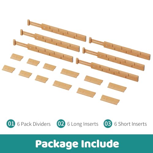 6 Pack Bamboo Drawer Dividers with Inserts, Kitchen Adjustable Drawer Organizers, Expandable Organization for Home, Dressers, 6 Dividers with 12 Inserts - view 3