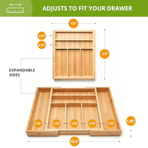 Premium Bamboo Kitchen Drawer Organizer, Perfect for Storing Cutlery, Silverware, and Gadgets, Suitable for Kitchens, Living Rooms, and Bedrooms, 5-7 Compartments, 13 to 19.6 Inches Wide - view 2