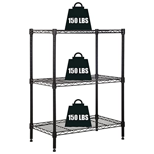 3-Tier Storage Shelves Adjustable, Wire Shelving Heavy Duty Storage Rack(150 Lbs Loading Capacity/ Shelf) Metal Shelf Organizer for Pantry Garage Kitchen 23"D x12"W x 30"H -Black
