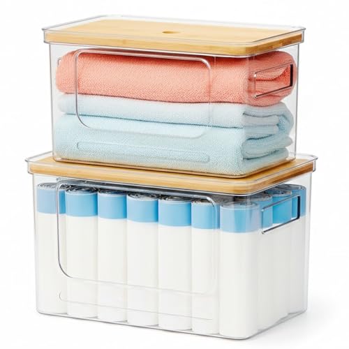 2-Pack Trash Bag Holder,Trash Bag Dispenser with Bamboo Lid, Stackable Acrylic Garbage Bag Dispenser for Under Sink Use in Kitchen, Laundry Room, and Pantry, Large Capacity Garbage Bag Holder