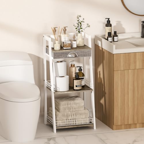 3-Tier Small Bathroom Shelves with Drawer, Floor Storage Shelf, Small Bathroom Stand Rack, Freestanding Ladder Shelf for Living Room Bedroom, White - view 2